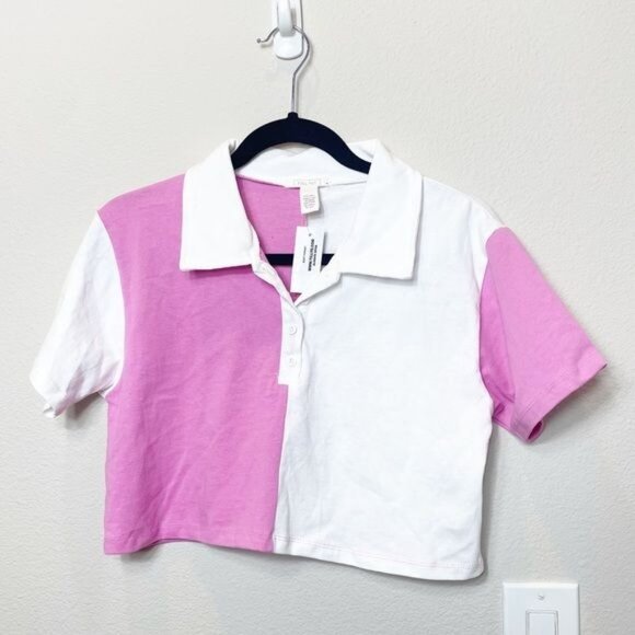 Tillys Full Tilt Pink & White Color Block Cropped Polo Shirt Size M NWT 100% Cot - Picture 3 of 5